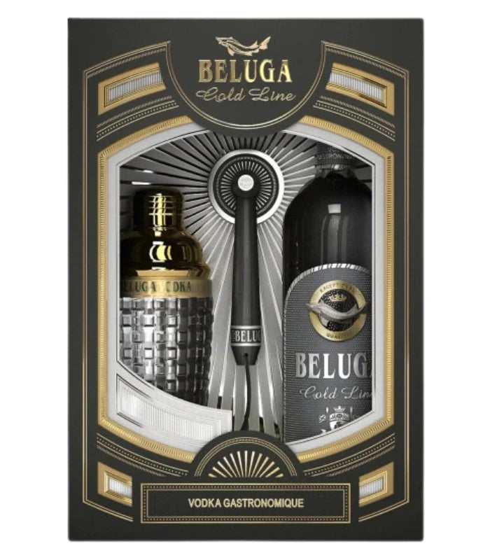 The Beluga Noble Gold Line Vodka Gift Set by Beluga includes a gold and silver bottle, a black Gold Line bottle, and a metal bottle opener with elegant black and gold packaging.