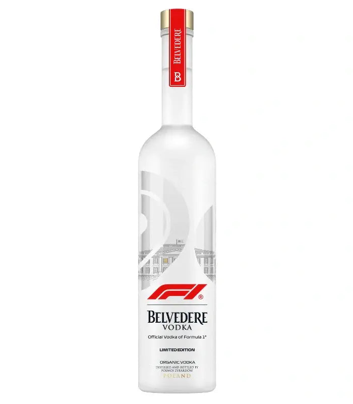The Belvedere Vodka Formula 1 Limited Edition features a frosted glass bottle with the red Formula 1 logo, silver palace, and “Belvedere Vodka Official Vodka of Formula 1”—a premium Polish rye vodka by Belvedere Vodka.