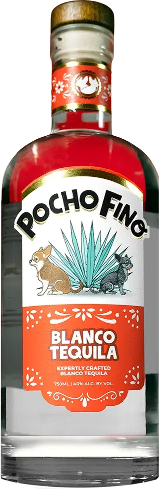 A clear glass bottle of Pocho Fino Blanco Tequila by Gabriel Iglesias features a red and white label with agave, dog, and cat illustrations. It’s 100% agave Blanco Tequila at 50% Alc. by Vol.—ideal for bold cocktails.
