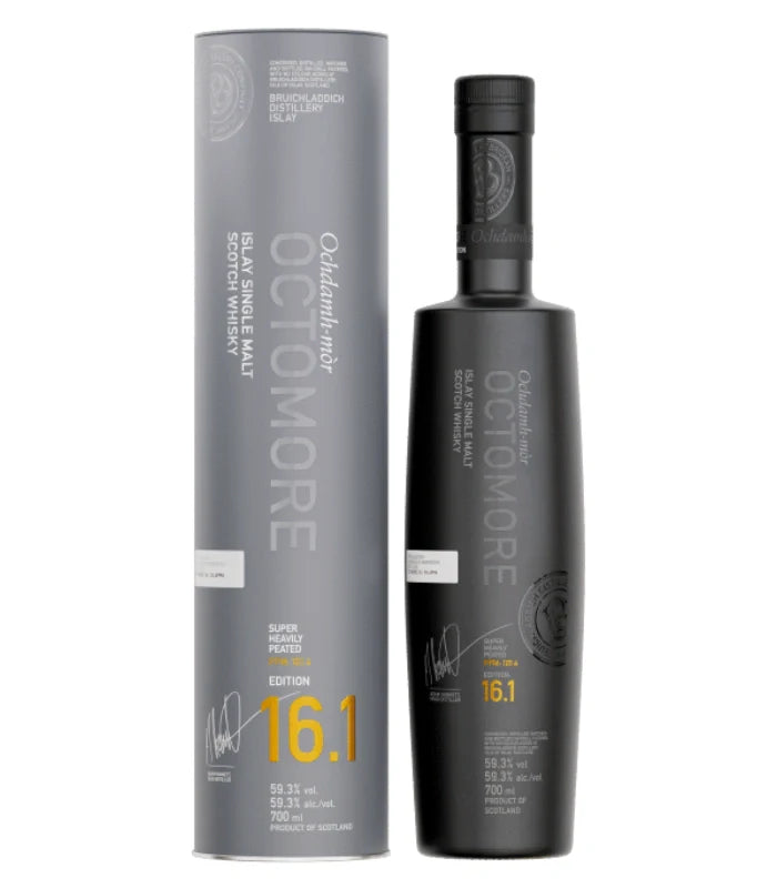 A Bruichladdich Octomore Edition 16.1 Single Malt Scotch Whisky 700mL bottle stands beside its matching black cylindrical box, both marked with white and yellow text displaying the brand, edition number 16.1, and product details.