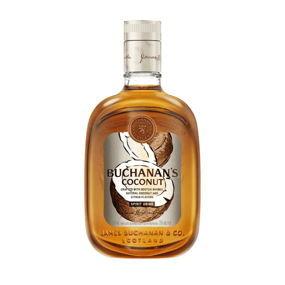 Buchanan’s Coconut Scotch Whisky Spirit Drink by Buchanan’s features a gold label with white and brown accents plus a cracked coconut illustration. The golden-brown spirit is perfect for tropical cocktails and comes topped with Buchanan's signature gold cap.