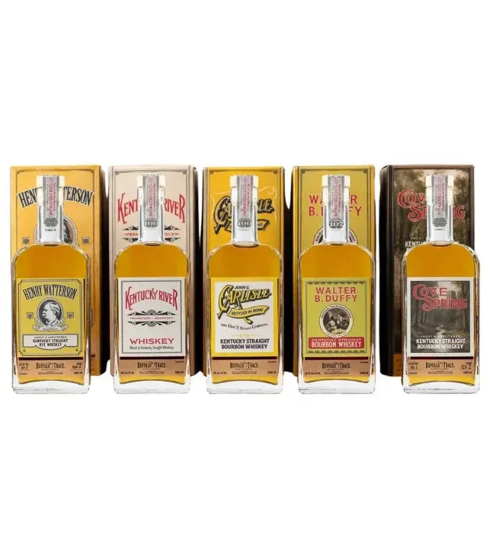 Five glass bottles of Buffalo Trace Prohibition Collection #3 2026 Release (5x375mL) with unique vintage-style labels, each displayed with its corresponding cardboard box behind it.