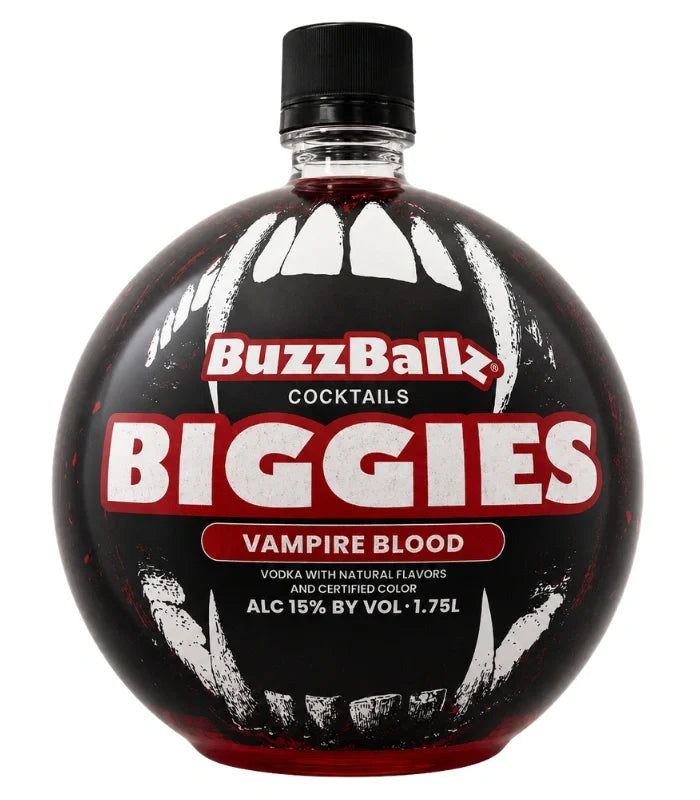 A round bottle of Buzzballz Biggies Vampire Blood Pre-Mixed Cocktails 1.75L, featuring fang graphics—ideal for Halloween gatherings. This vodka-based ready-to-drink cocktail from Buzzballz boasts natural flavors, a 15% ABV, and comes in a generous 1.75-liter size.