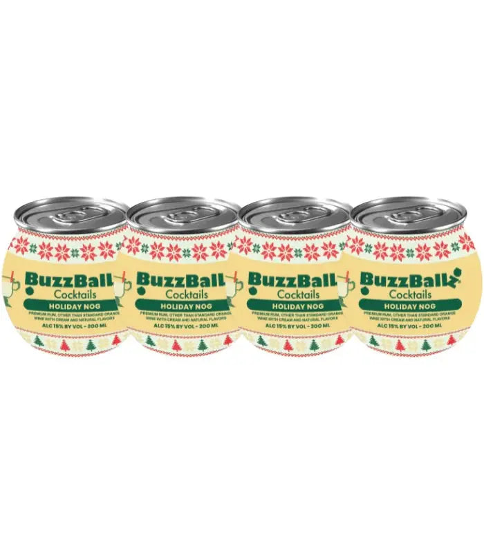 Four cans of Buzzballz Holiday Nog Pre-Mixed Cocktails 4-Pack are arranged in a row, showcasing festive red and green holiday-themed packaging on a light yellow background.