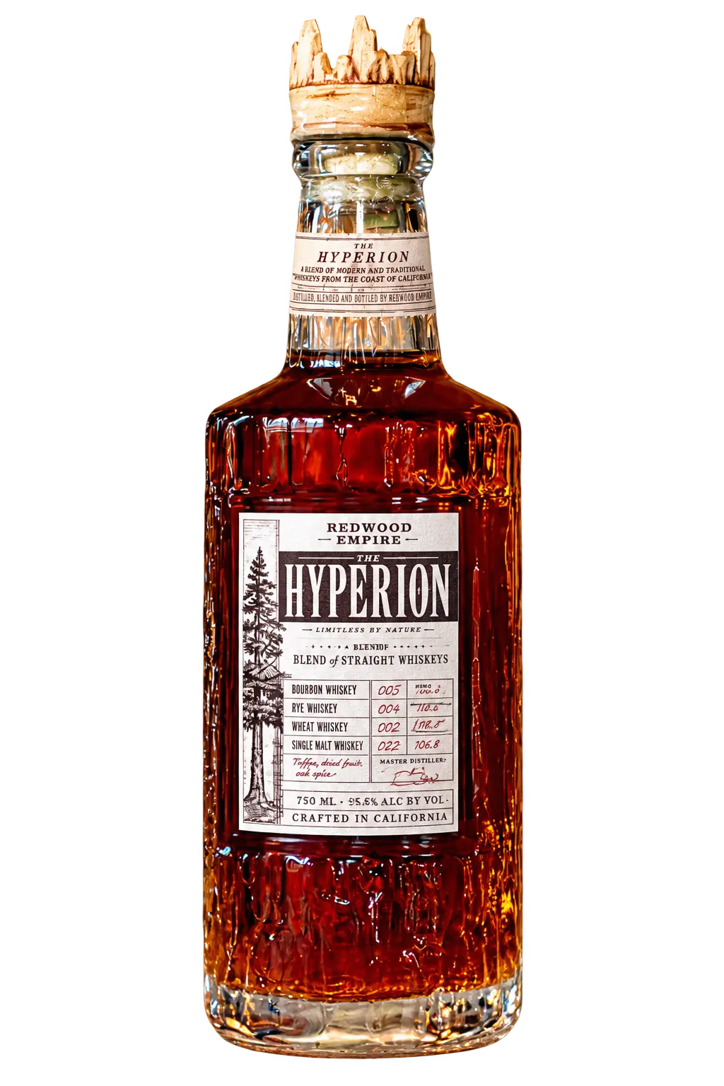 A bottle of Redwood Empire The Hyperion Inaugural Batch 001 Blend of Straight Whiskies by Redwood Empire Whiskey, featuring a cork top, amber liquid, and a detailed label with inaugural batch blend details and a tree illustration.