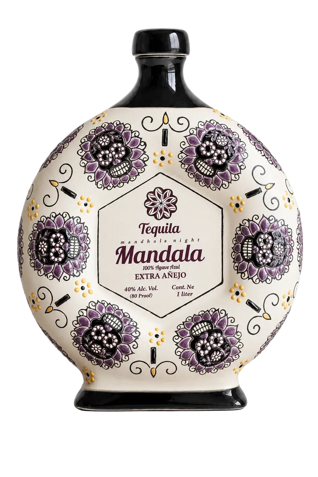 A round, decorative bottle of Tequila Mandala’s Extra Añejo Día de los Muertos “Guardians of Time” 2026 Limited Edition 1L (Pre-Order), adorned with purple floral patterns and black accents on a white background, featuring a central label with product details. This exclusive tequila is an elegant homage to artistry and tradition, making it perfect for collectors and enthusiasts alike.