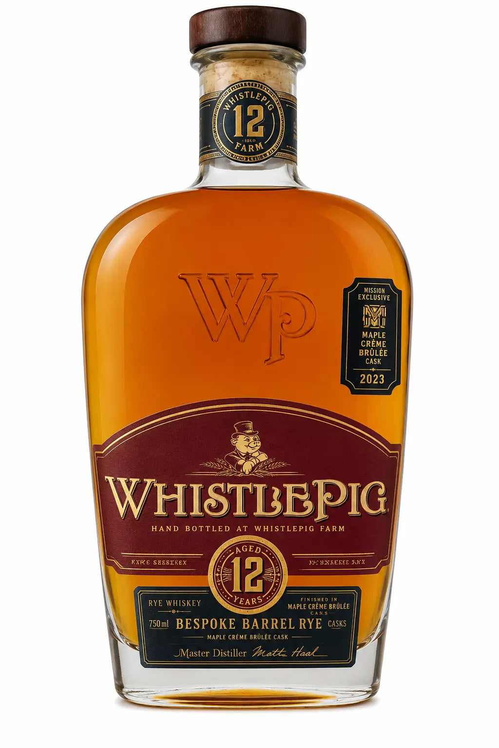 A bottle of WhistlePig 12 Year Bespoke Barrel Rye Maple Crème Brûlée Cask (Pre-Order) from WhistlePig, distinguished by its gold label, WP initials, and notes on its unique bespoke barrel aging for the 2023 Maple Crème Brûlée Cask Single Finish release—a highly limited rye whiskey crafted for true collectors.
