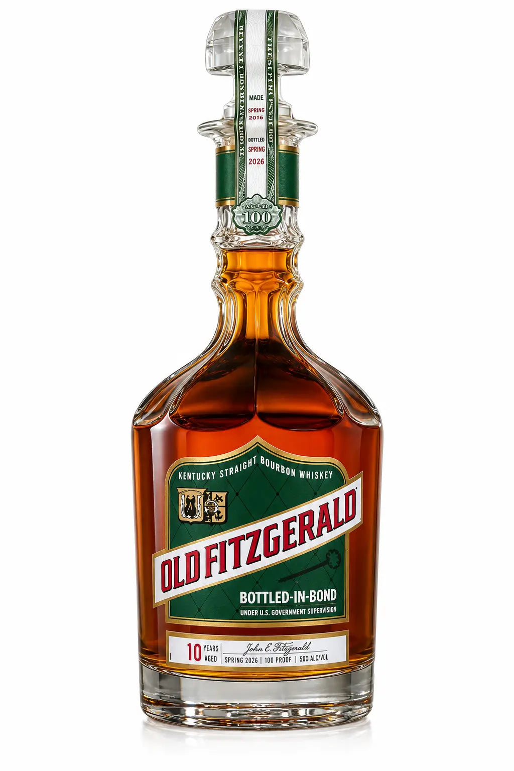 A bottle of Old Fitzgerald Bottled-in-Bond 10 Year Bourbon Spring 2026 Edition, distinguished by its decorative label, gold-accented cap, and 100 proof marking.