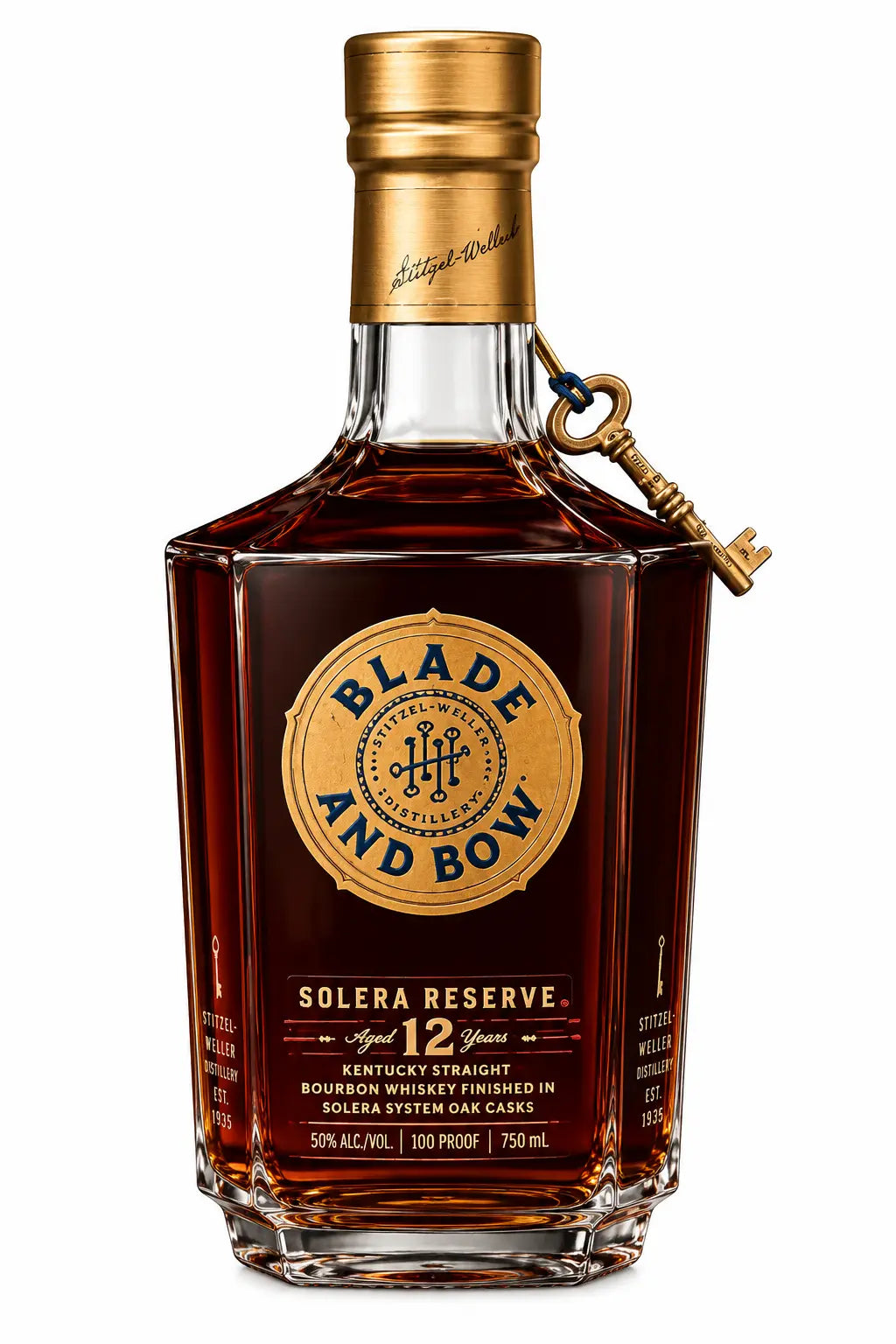 A 750ml bottle of Blade and Bow 12 Year Old Solera Reserve Bourbon by Blade and Bow, with a gold label, blue accents, and a gold key on the neck; amber liquid at 50% ABV.
