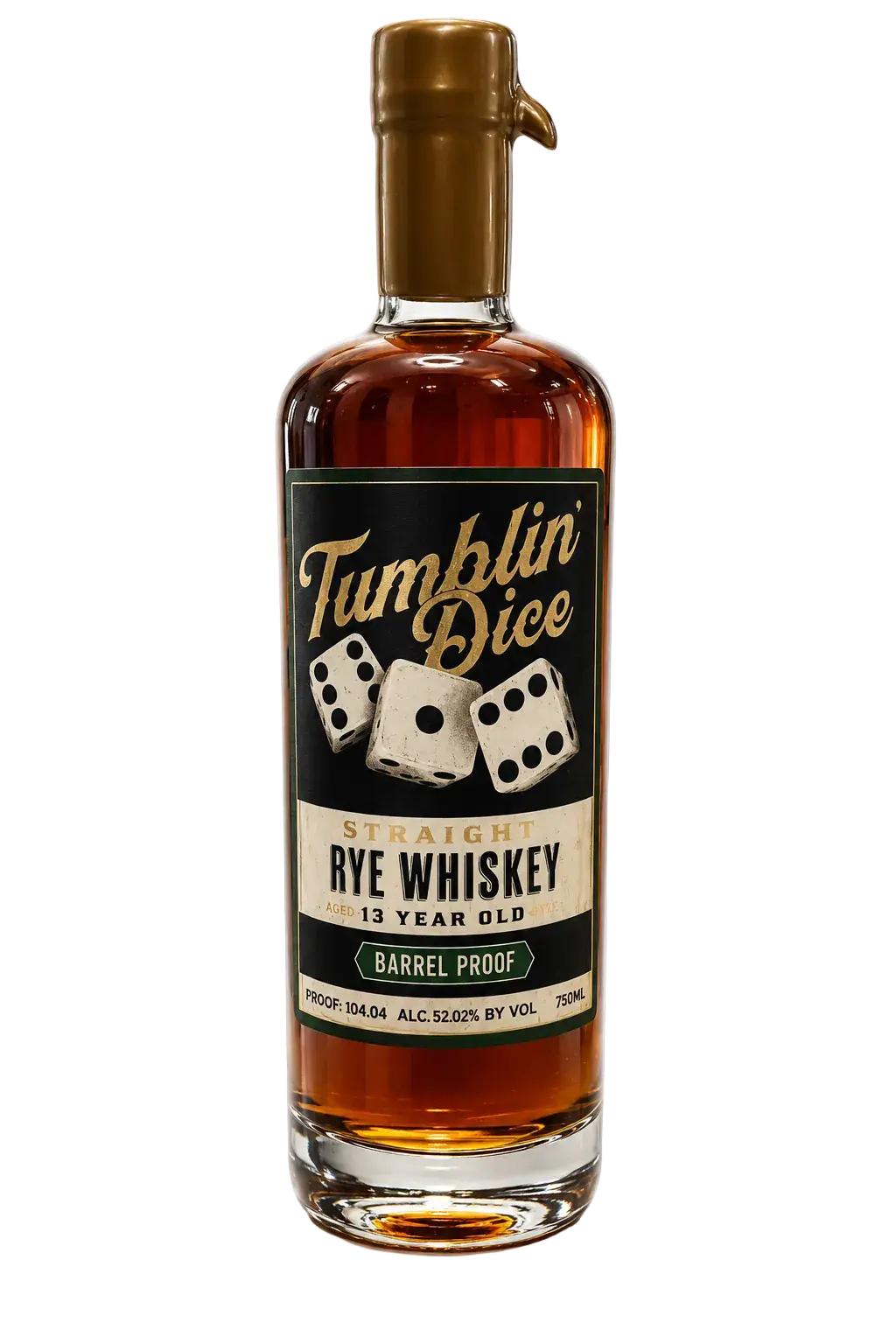 A 700mL bottle of Tumblin' Dice 13 Year Old Barrel Proof Straight Rye Whiskey (52.02% ABV), featuring a gold cap and label with dice and bold text celebrating its straight rye heritage.