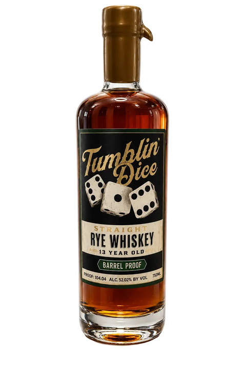 A 700mL bottle of Tumblin' Dice 13 Year Old Barrel Proof Straight Rye Whiskey (52.02% ABV), featuring a gold cap and label with dice and bold text celebrating its straight rye heritage.
