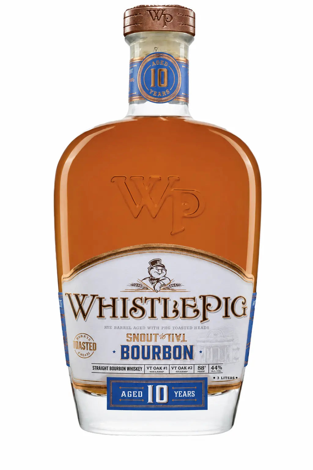 A large-format 3L bottle of WhistlePig Snout to Tail 10 Year Toasted Bourbon is presented in clear glass, featuring a cork stopper and blue and gold labeling that prominently displays the WhistlePig brand and age details.