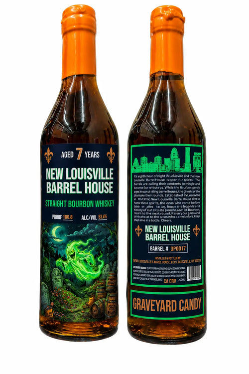 Two bottles of Nulu New Louisville Graveyard Candy Halloween Edition 7 Year Bourbon 750mL (Pre-Order), a limited-edition release featuring vibrant graveyard and city skyline artwork, product details, and distinctive orange wax-sealed tops.