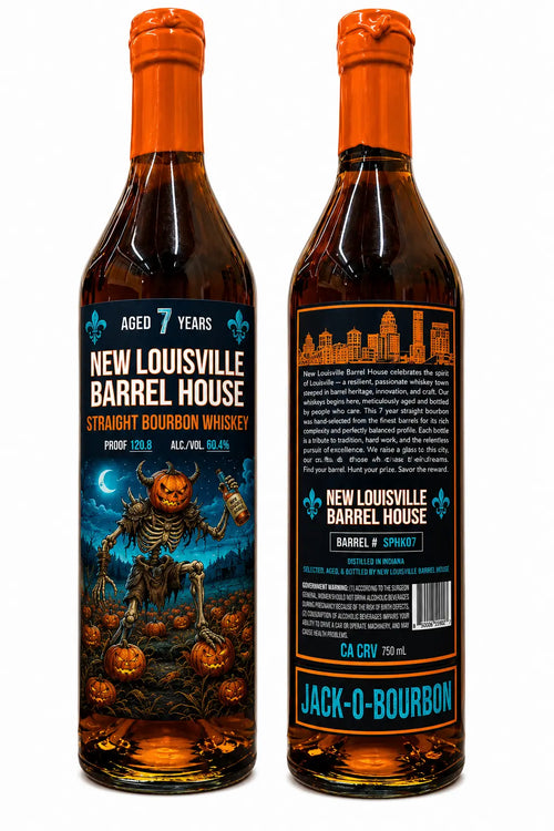 Two bottles of Nulu’s New Louisville Jack-O-Bourbon Halloween Edition 7 Year Bourbon (750mL, Pre-Order), featuring Halloween-themed labels with a skeleton, pumpkins, and bats. The front displays the product name and 7 Year Bourbon age statement; the back includes a description and a QR code for more details.
