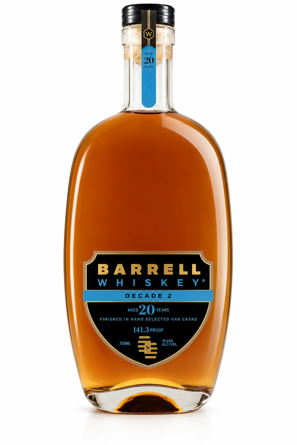 Barrell Craft Spirits’ Barrell Whiskey Decade #2 20 Year (PRE-ORDER) is a limited release, cask-finished whiskey aged 20 years with a proof of 141.3. Its amber hue shines behind a black and gold label with blue accents detailing its age and strength.