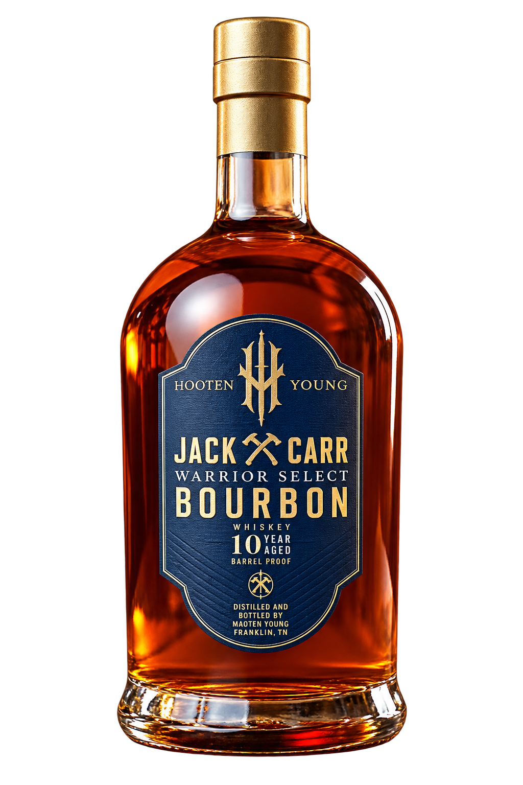 A bottle of Hooten Young Jack Carr Warrior Select 10 Year Barrel Proof Bourbon, featuring a gold cap and navy blue label with gold text, stands upright against a white background.