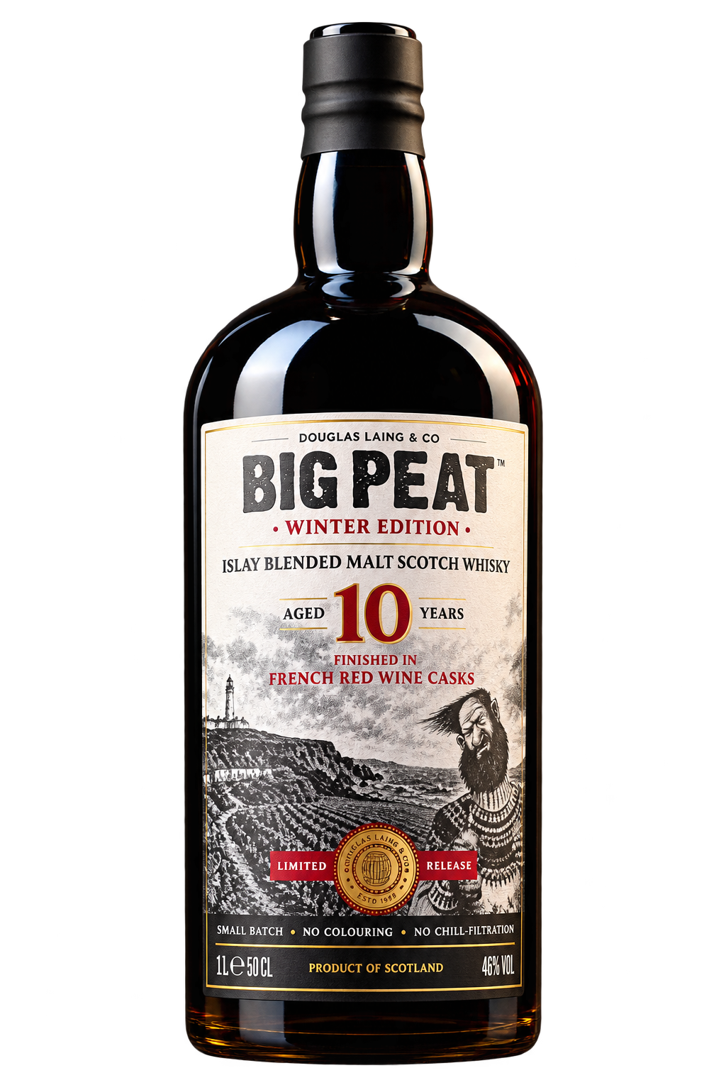 Douglas Laing Big Peat 10 Year Winter Edition 2026 Islay Blended Malt Scotch Whisky, aged 10 years and finished in French red wine casks, features an illustrated label with a bearded man and seaside scene.