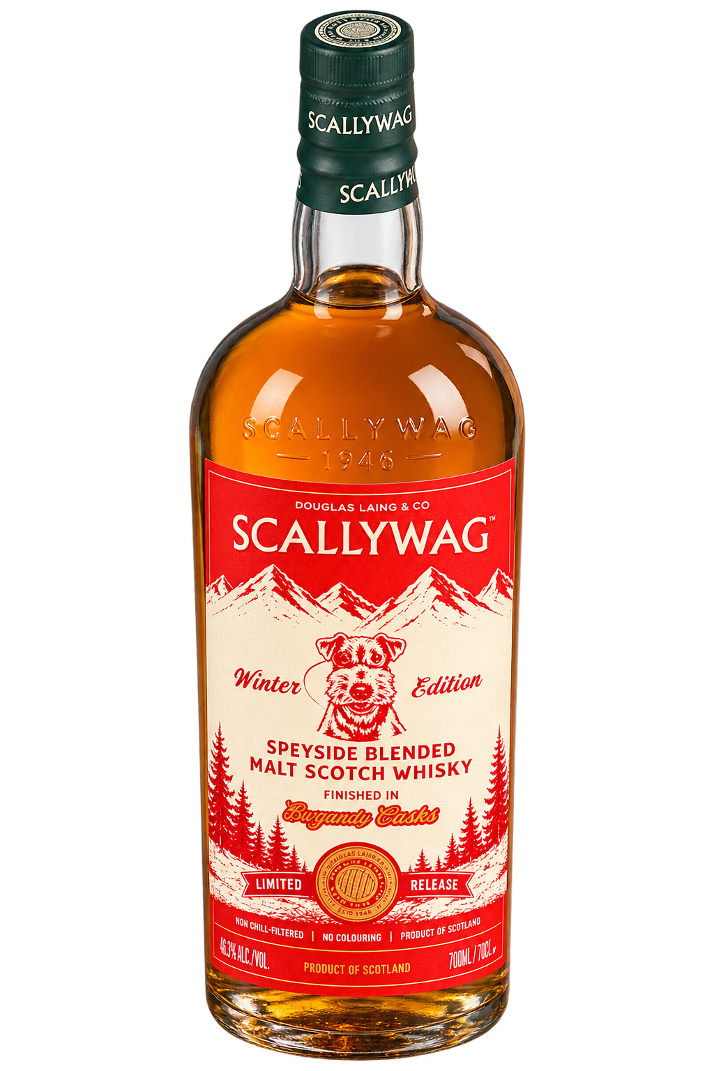 A bottle of Douglas Laing Scallywag Winter Edition Burgundy Cask Finish Speyside Blended Malt Scotch Whisky, featuring a red label with a dog and mountain motif. This limited release is finished in Burgundy casks.