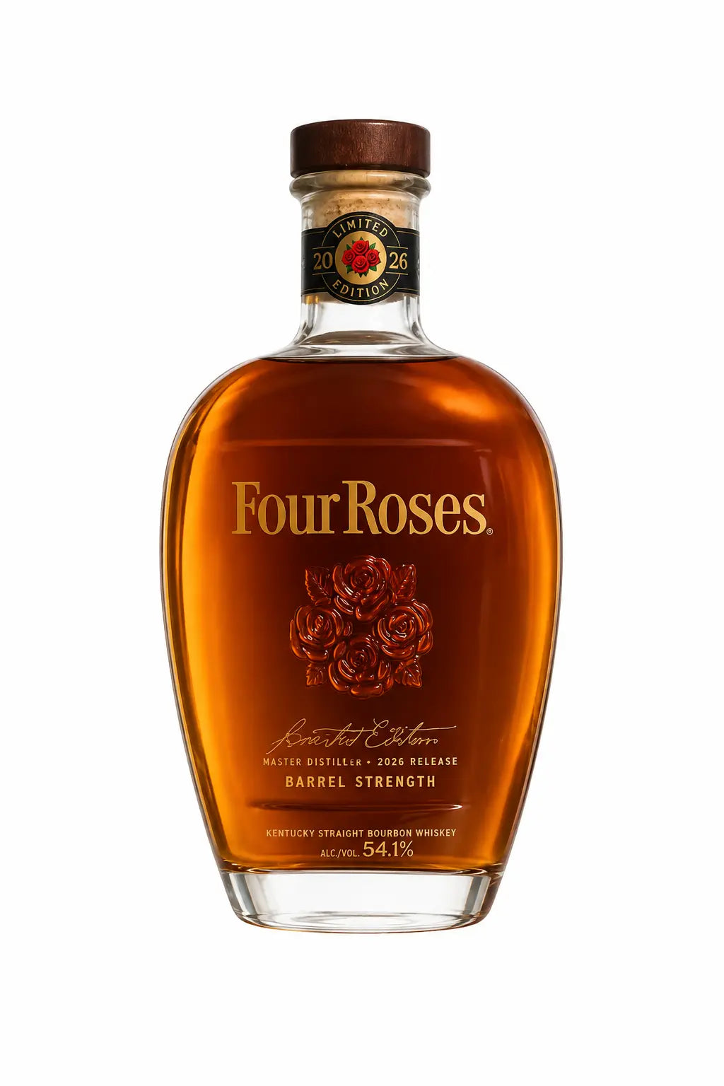 A bottle of Four Roses Limited Edition 2026 Small Batch Bourbon 700mL, from the renowned Four Roses brand, features a striking gold label with embossed roses, showcasing amber liquid within. It is topped with a wooden cap and displayed against a clear background. This exceptional Kentucky bourbon is offered at barrel strength for an unparalleled tasting experience.