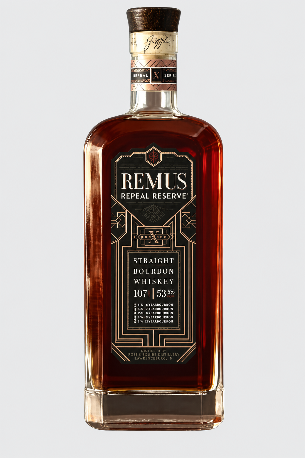 A bottle of Remus Repeal Reserve Series X Straight Bourbon Whiskey from G. Remus Distilling Co., featuring a dark label with gold accents and a cork stopper. The label notes 107 proof and 53.5% alcohol by volume.