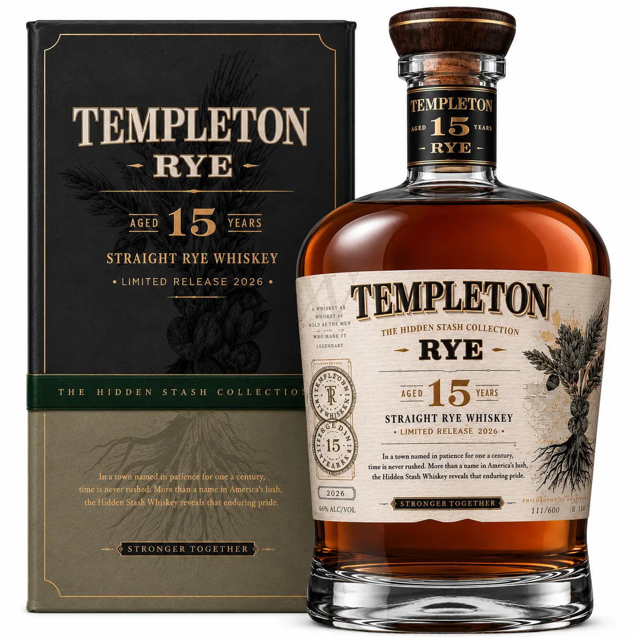 A bottle of Templeton Hidden Stash 15 Year Straight Rye Whiskey (Pre-Order) from Templeton Rye stands before its striking black and gold box, proudly labeled as a rare release from the distinguished Hidden Stash Collection.