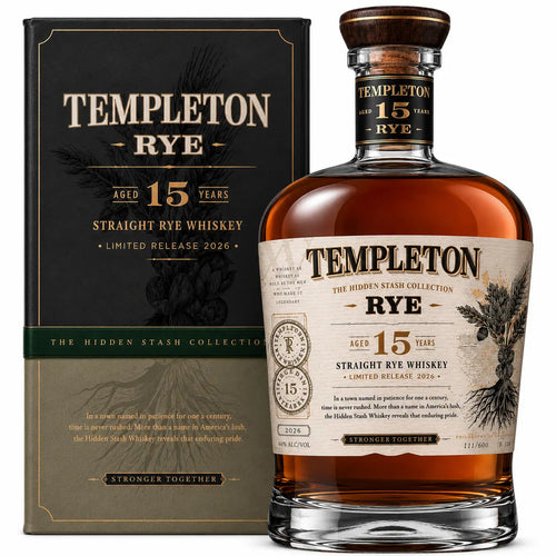 A bottle of Templeton Hidden Stash 15 Year Straight Rye Whiskey (Pre-Order) from Templeton Rye stands before its striking black and gold box, proudly labeled as a rare release from the distinguished Hidden Stash Collection.