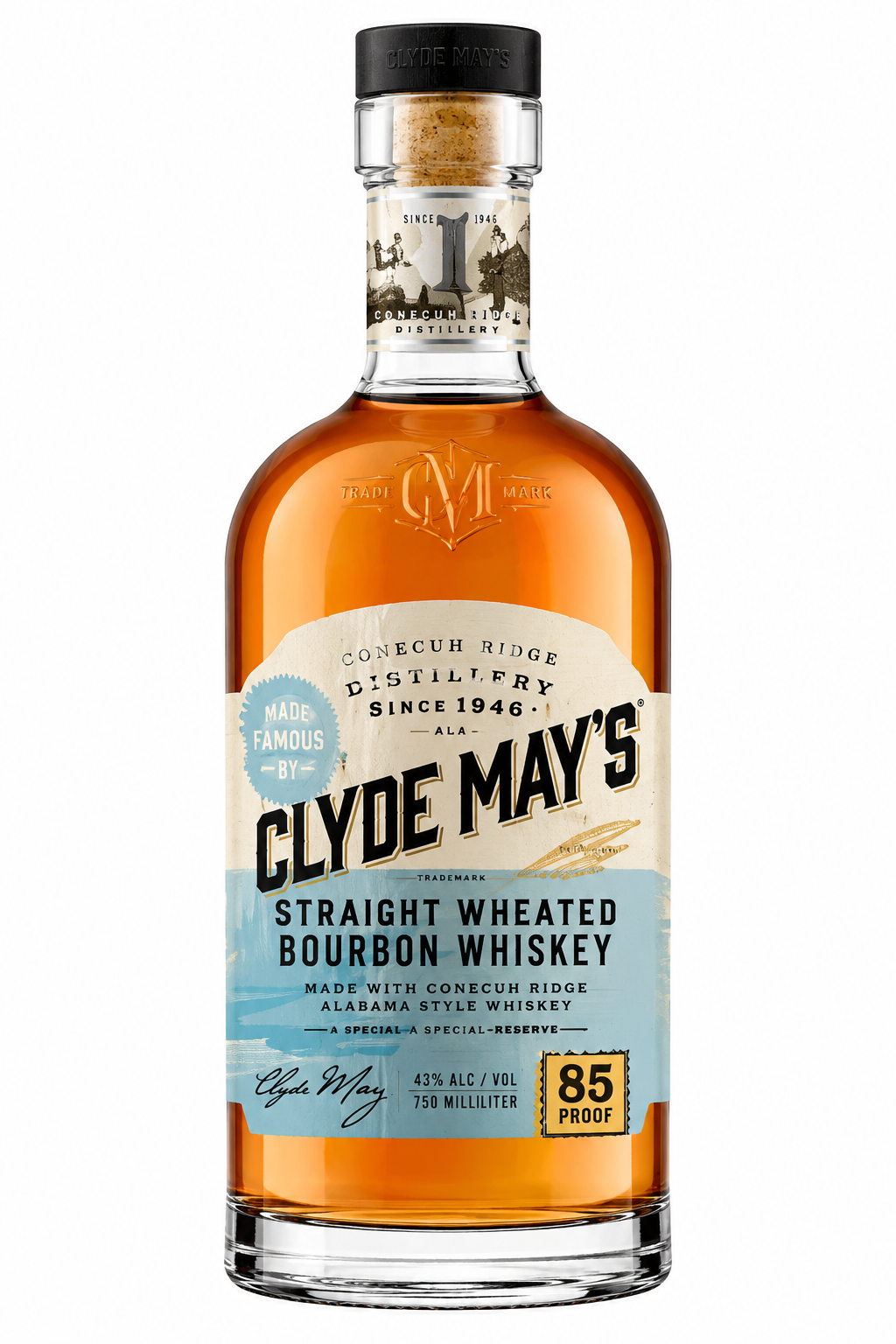 A 750ml bottle of Clyde May’s Straight Wheated Bourbon Whiskey by Clyde May’s, featuring a tan, blue, and gold label marked 43% alc/vol (85 proof), with classic American bourbon branding and the Conecuh Ridge Distillery seal.