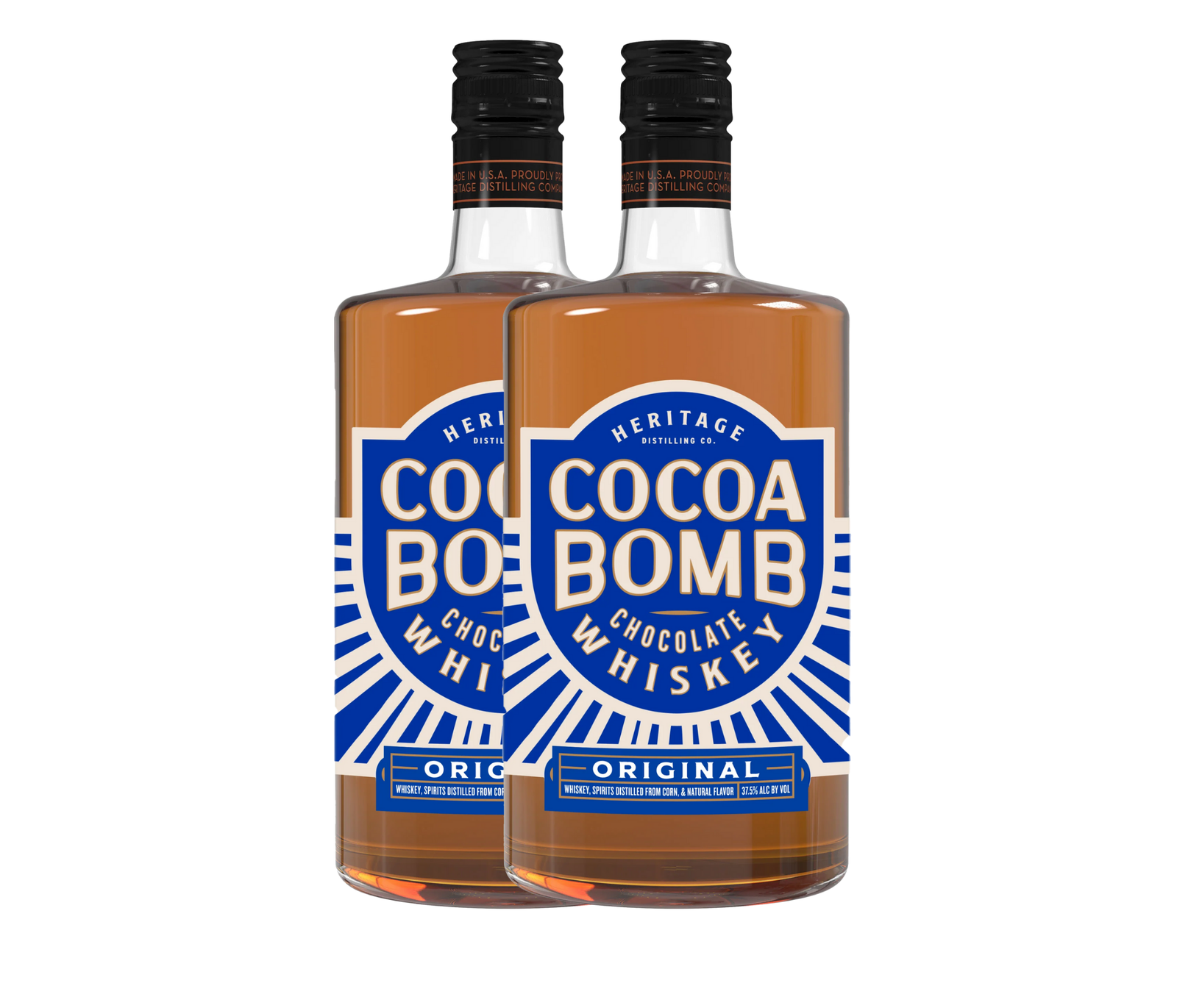 Two bottles of Cocoa Bomb Whiskey - 2 Bottle by Heritage Distilling, featuring blue and white "Cocoa Bomb Chocolate Whiskey Original" labels. The clear bottles reveal the light brown whiskey inside.