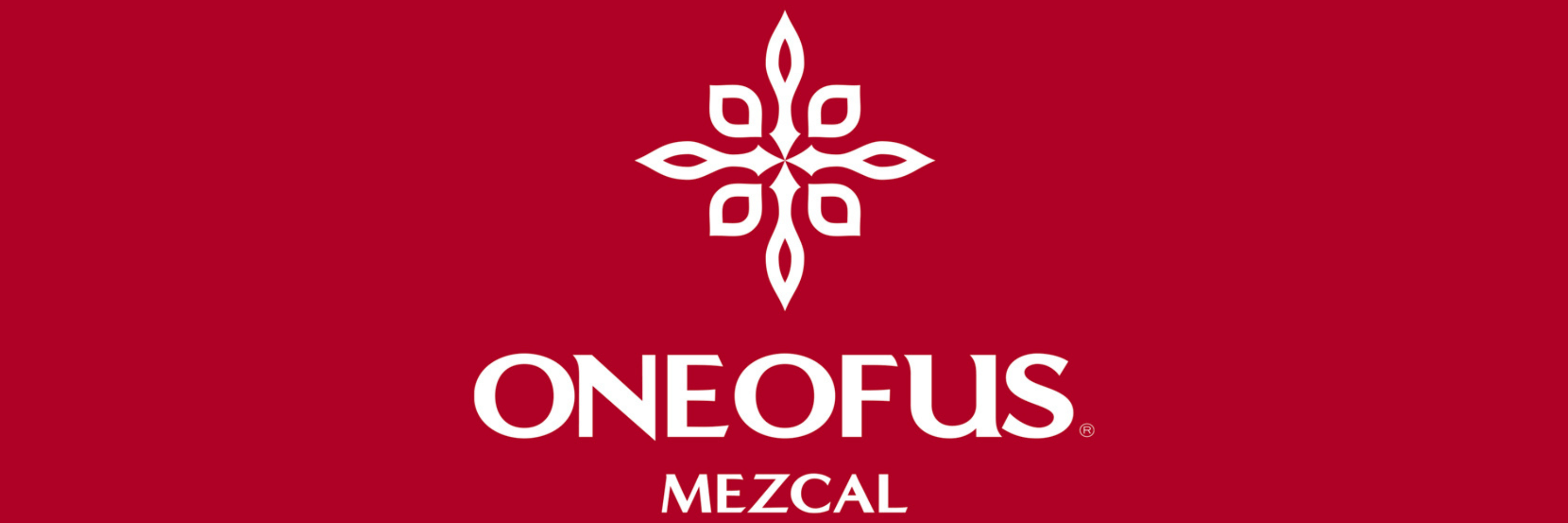 White geometric flower-like symbol above the words ONEOFUS MEZCAL in bold, white capital letters, all set against a solid red background.
