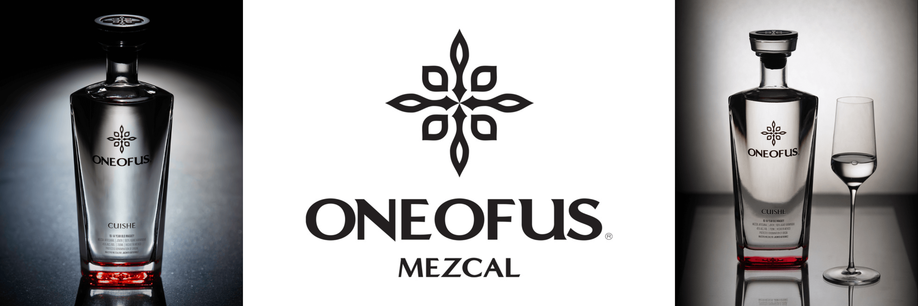 A bottle of ONEOFUS Mezcal, its logo, and a full shot glass are displayed. The bottle has a black cap, elegant label, and red liquid at the base, with the brand’s geometric logo in the center.