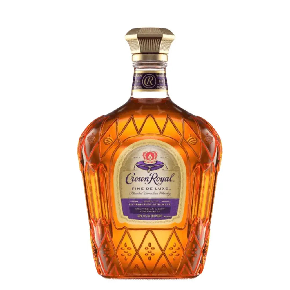A 3L bottle of Crown Royal Fine De Luxe Blended Canadian Whisky (Pre-Order), featuring the brand's logo and a purple-gold label with gold cap, is displayed against a white background.