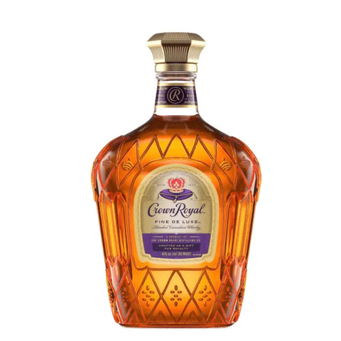 A 3L bottle of Crown Royal Fine De Luxe Blended Canadian Whisky (Pre-Order), featuring the brand's logo and a purple-gold label with gold cap, is displayed against a white background.