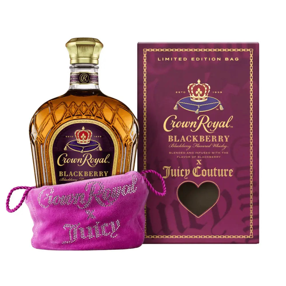 The Crown Royal Blackberry x Juicy Couture Limited Edition includes a bottle of Crown Royal Blackberry flavored whisky, a pink Juicy Couture bag, and a purple and gold limited edition box with a heart-shaped cutout.