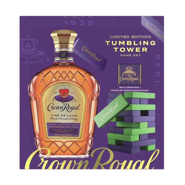 The Crown Royal Deluxe with Tumbling Tower Gift Set by Crown Royal includes a bottle of Canadian whisky and a tumbling tower game, all elegantly packaged in a purple box with gold and green accents that highlights the brand’s label and images of the tumbling tower pieces.