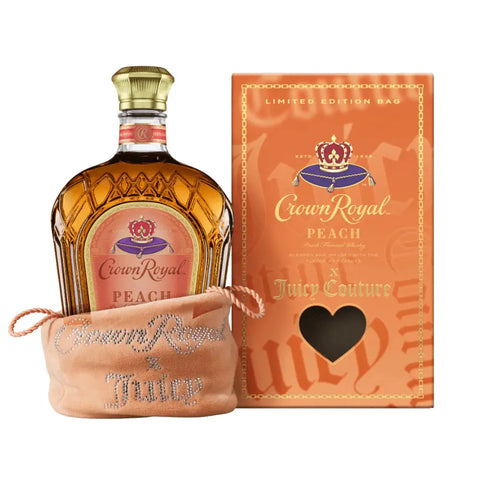 A bottle of Crown Royal Peach X Juicy Couture (Pre-Order) whisky in a peach bag is displayed next to its Juicy Couture limited edition box with a heart-shaped cutout.