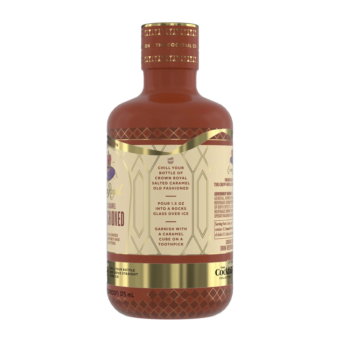 A 375 mL bottle of Crown Royal Salted Caramel Old Fashioned Limited Edition (Pre-Order), a ready-to-serve Canadian whisky cocktail from Crown Royal, presented in gold and brown packaging. This limited edition release includes recipe instructions and serving suggestions on the label.