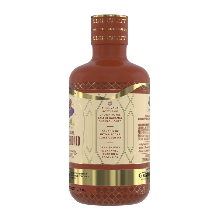 A 375 mL bottle of Crown Royal Salted Caramel Old Fashioned Limited Edition (Pre-Order), a ready-to-serve Canadian whisky cocktail from Crown Royal, presented in gold and brown packaging. This limited edition release includes recipe instructions and serving suggestions on the label.