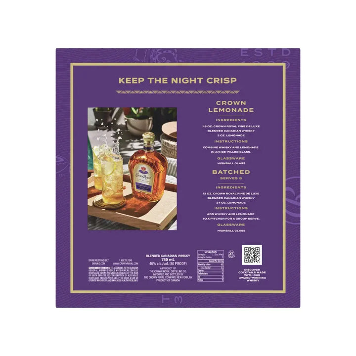 Purple instructional card featuring a bottle of Crown Royal Deluxe with Tumbling Tower Gift Set by Crown Royal, a cocktail glass with ice and lemon, and Crown Lemonade drink recipes complete with ingredients and instructions. Text and images are neatly arranged, making this card an excellent addition to any gift set.