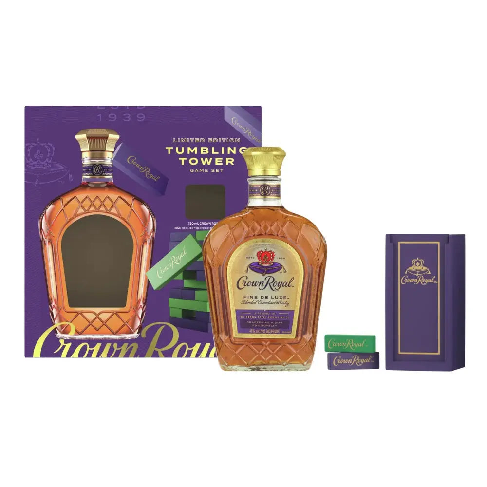 The Crown Royal Deluxe with Tumbling Tower Gift Set by Crown Royal includes a bottle of premium Canadian whisky, a limited edition box, and a purple tumbling tower game featuring branded green and purple pieces.