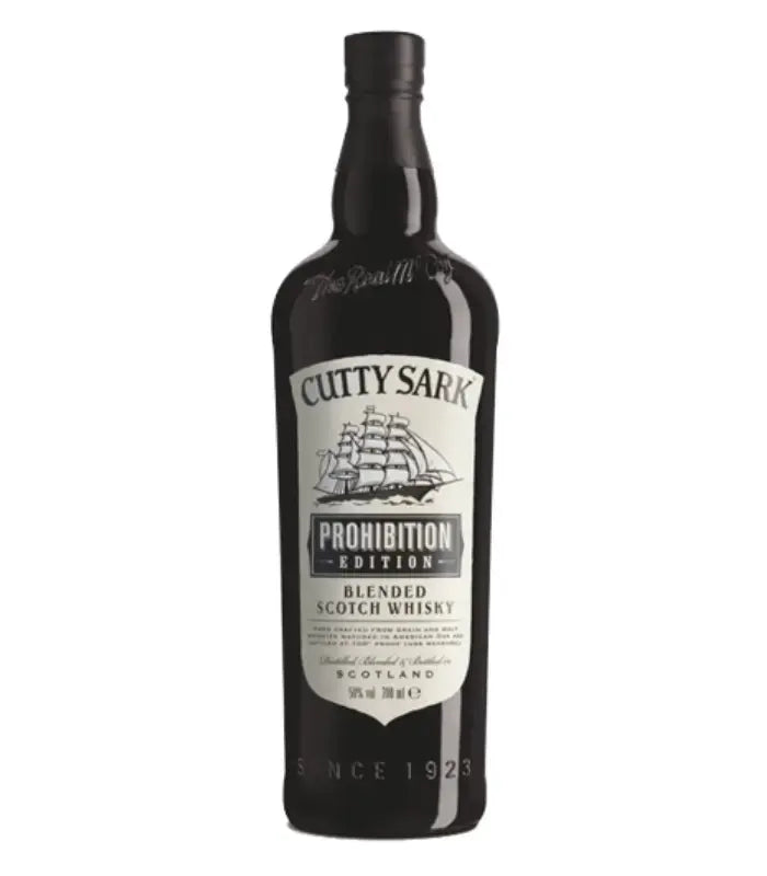 A dark glass bottle of Cutty Sark Prohibition Edition Blended Scotch Whisky from Cutty Sark, showcasing a cream and black label with a ship illustration and bottled at an impressive 100 proof (50% ABV).
