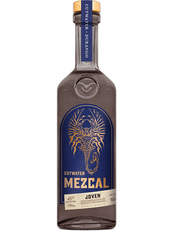 Cutwater Joven Mezcal by Cutwater Spirits is crafted from 100% agave, features a blue and gold label with an eagle design, contains 45% ABV in a 750 ml bottle, and has "CUTWATER DURANGO" on the neck.