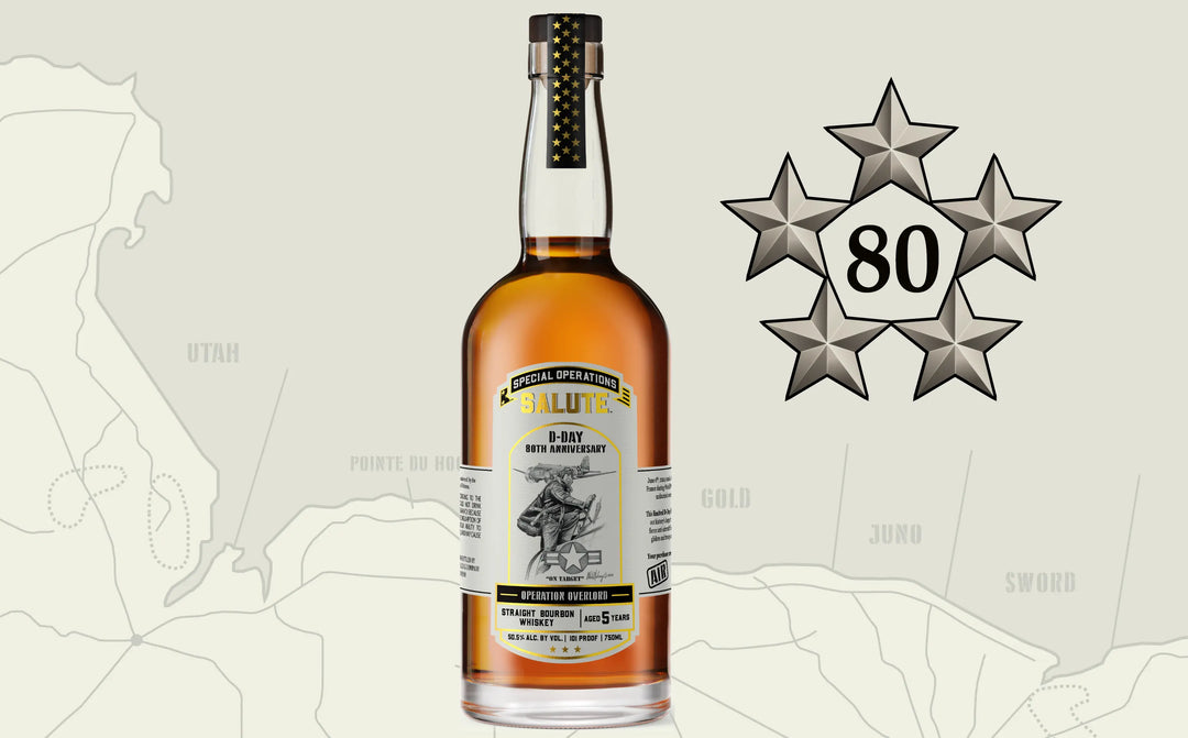 A set of three Special Operations Salute™ Whiskey bottles by Heritage Distilling, celebrating D-Day’s 80th Anniversary, is displayed with a silver 5-star “80” emblem and a faded Normandy map, alongside a limited edition lithograph.