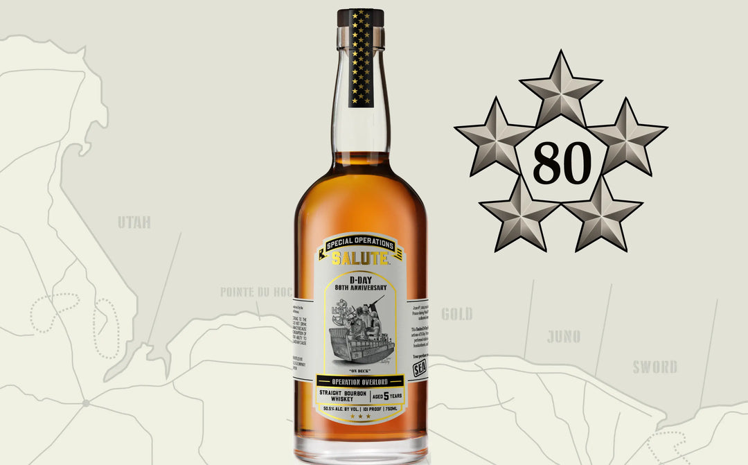 The Heritage Distilling Special Operations Salute™ Whiskey - D-Day 80th Anniversary 3 Bottle Set with Limited Edition Lithograph features a map backdrop marked with Utah, Pointe du Hoc, Gold, Juno, and Sword for this World War II milestone.