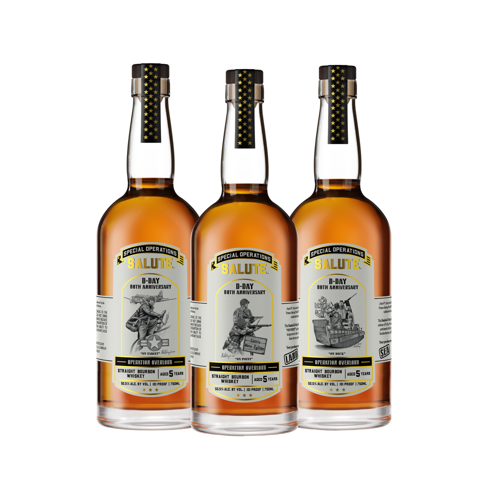 Heritage Distilling’s Special Operations Salute™ Whiskey - D-Day 80th Anniversary 3 Bottle Set features unique black-and-white D-Day illustrations and includes a limited edition lithograph, commemorating World War II's historic event.