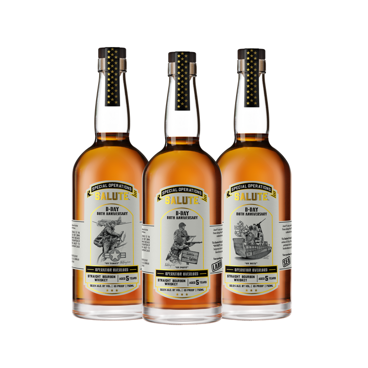 Heritage Distilling’s Special Operations Salute™ Whiskey - D-Day 80th Anniversary 3 Bottle Set features unique black-and-white D-Day illustrations and includes a limited edition lithograph, commemorating World War II&