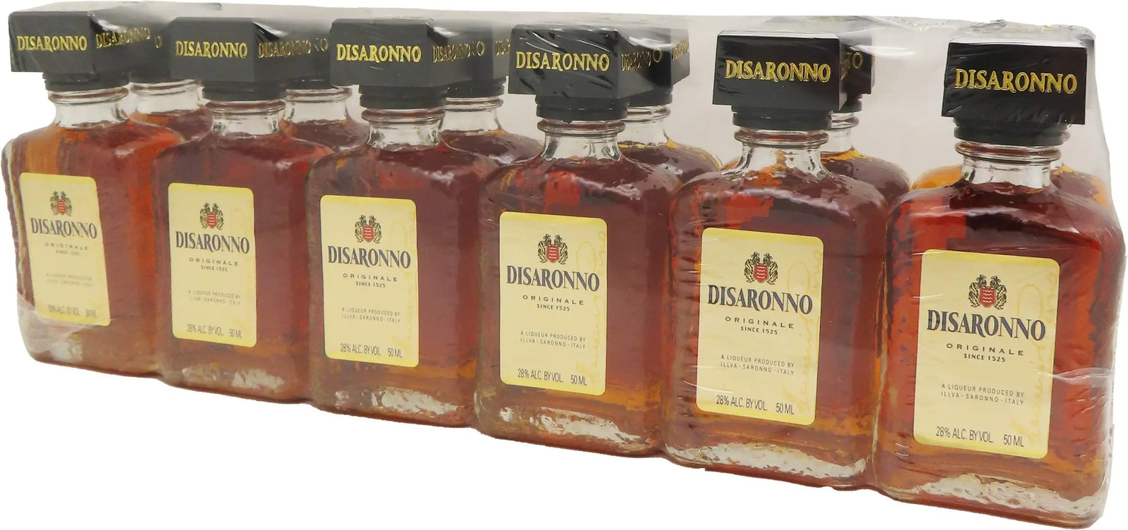 Twelve 50ml bottles of Disaronno Amaretto Originale by Mission Wine & Spirits are neatly packed together in clear plastic, each featuring a square black cap and a cream label on the front.
