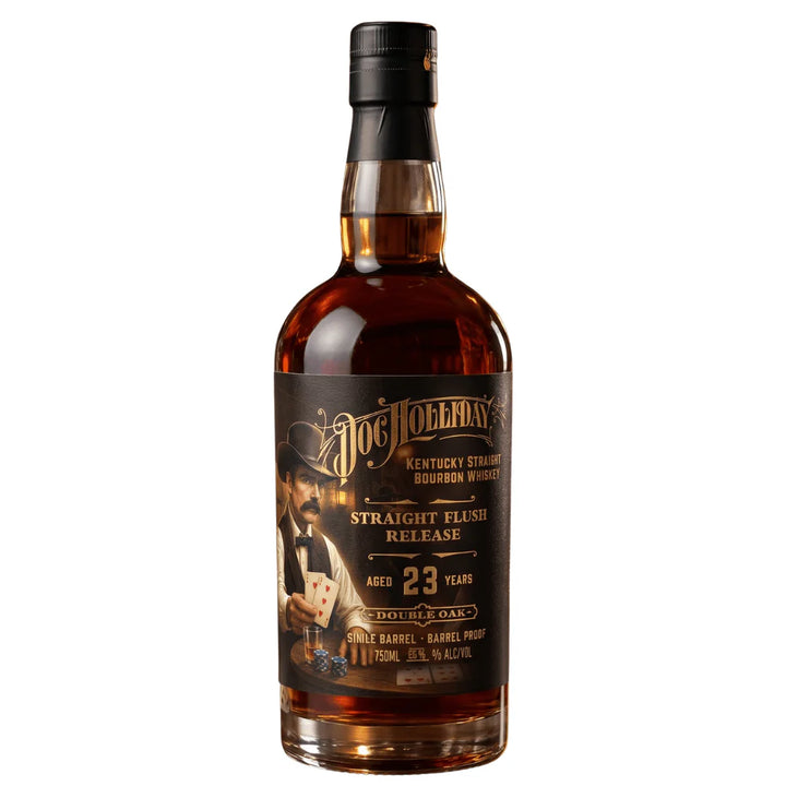A pre-order bottle of Doc Holliday 23 Year Kentucky Straight Bourbon featuring a dark label with a mustached man and playing cards. This limited-edition Straight Flush Release is ideal for collectors.