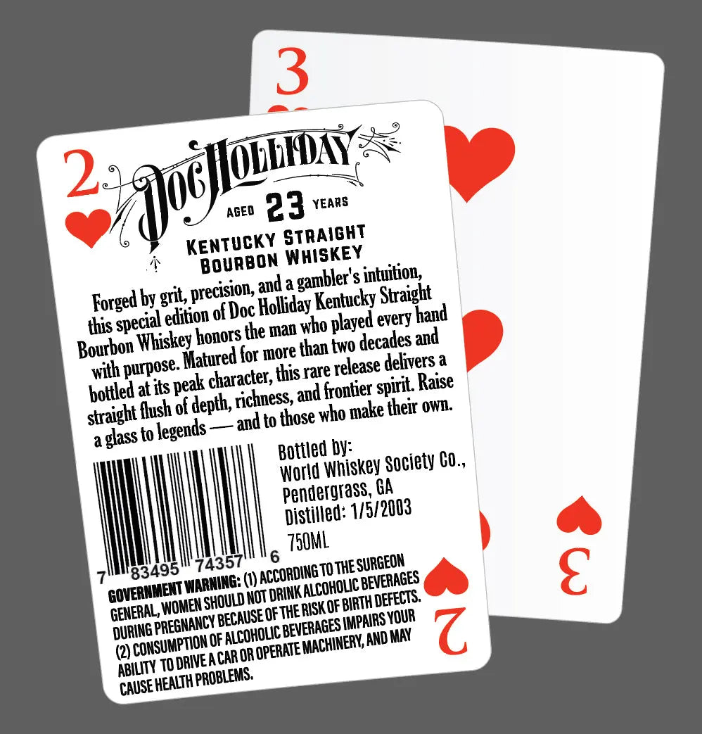 Two playing cards overlap on a gray background. The front card, the 2 of Hearts, displays a label for Doc Holliday 23 Year Kentucky Straight Bourbon Whiskey. The 4 of Hearts card is behind it.