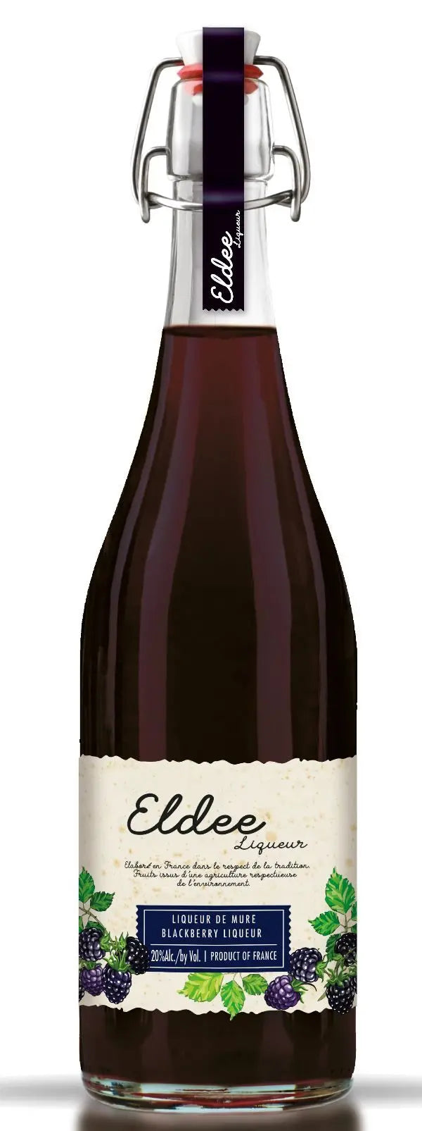 A glass bottle of Eldee Blackberry Liqueur with a swing-top closure and a label featuring illustrations of blackberries.