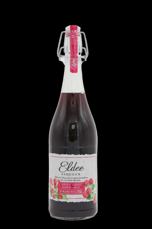 A clear 750mL glass bottle of Eldee Raspberry Liqueur with a white swing-top closure and a label featuring an illustration of raspberries.